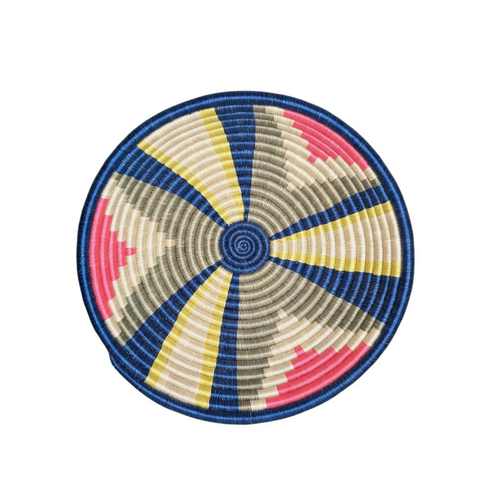 NWOT Rwandan Woven Basket Bowl Sisal Handcrafted Blue Pink Yellow Hanger